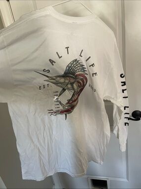 Men’s Salt Life White Long Sleeve Tee with Marlin and Flag XL NWT